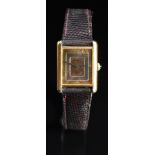 Must de Cartier silver gilt ladies wristwatch with tri-colour dial, blue hands, sapphire set crown
