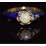 Victorian ring set with a natural pearl and blue guilloché enamel, 4.1g, size H