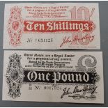 Banknotes Treasury John Bradbury black on white (emergency issue August 21st 1914) together with a