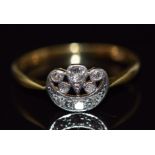Art Deco 18ct gold ring set with diamonds in a platinum setting, 2.4g, size O