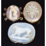 An 18th/19thC cameo depicting a lion, 1.6 x 1.4cm and two miniature cameos depicting a cherub and