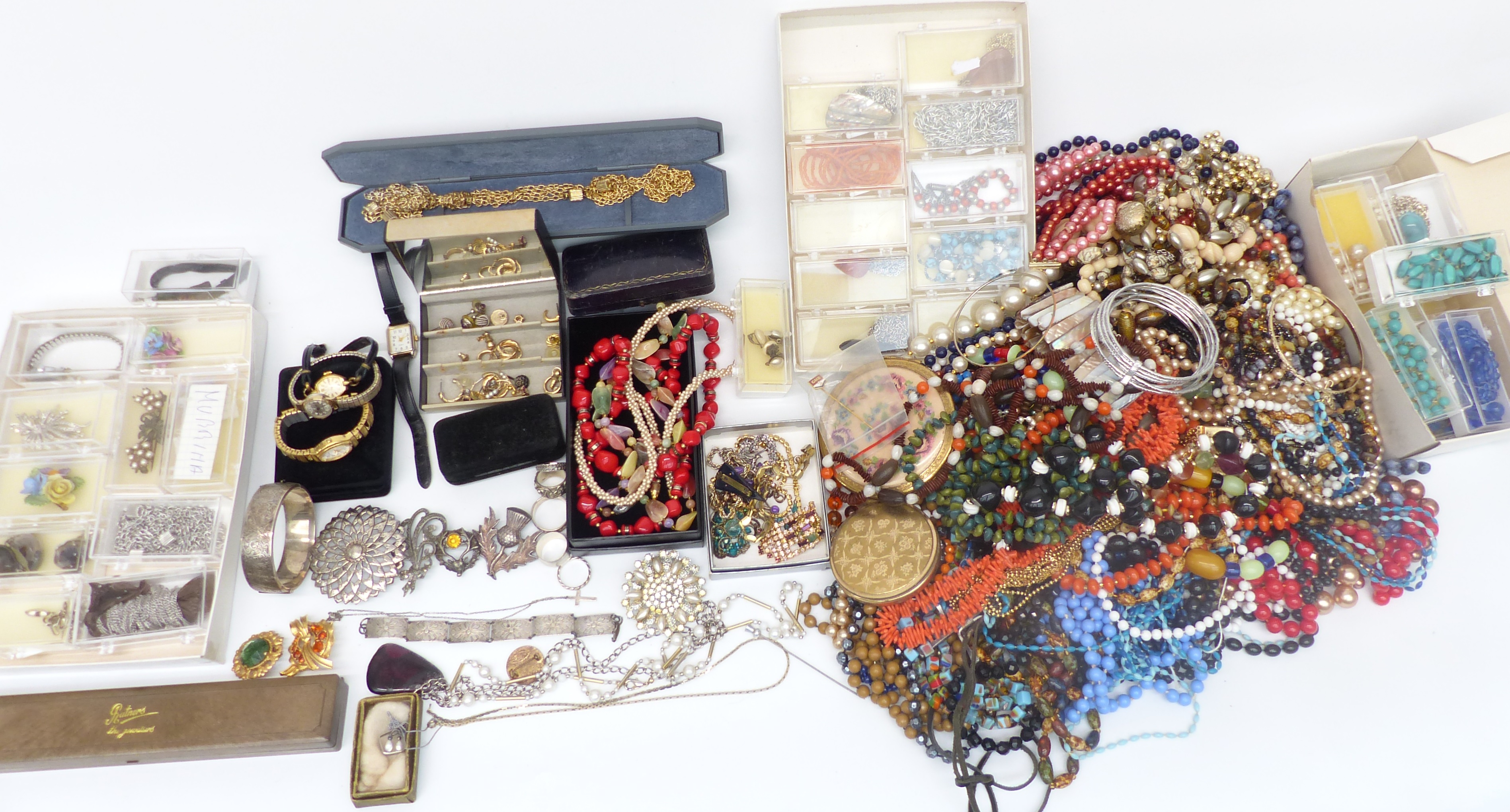 A collection of costume jewellery including blister pearl necklace, beads, silver including