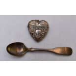 Novelty hallmarked silver vesta case formed as a heart together with a hallmarked silver teaspoon,