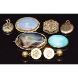 Three Victorian lockets, three Victorian agate brooches and a pair of cufflinks