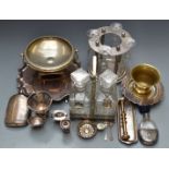 Silver plated ware including Elkington salver, Walker and Hall, spirit flask, tantalus, pestle and