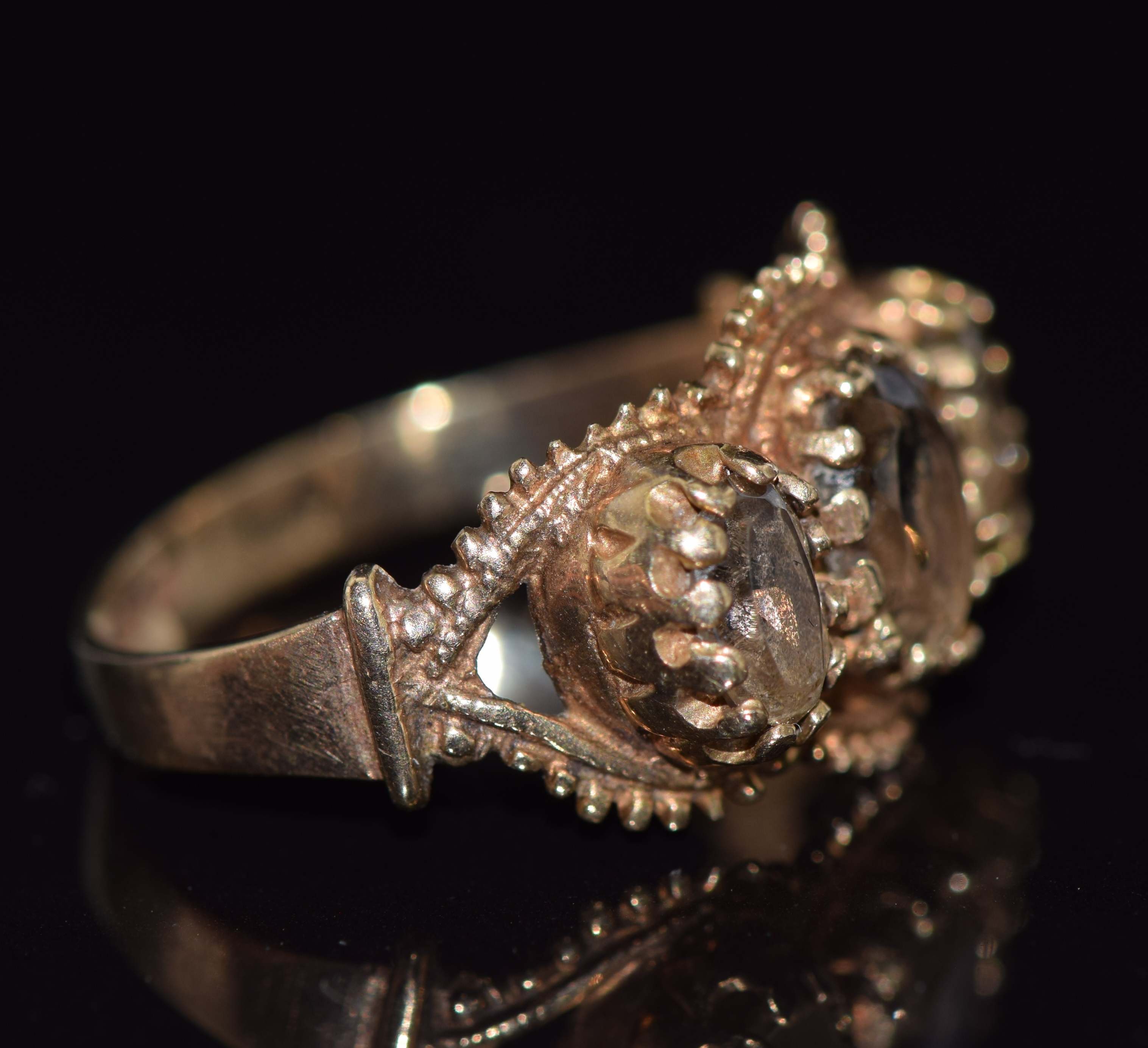 A 9ct gold ring set with three oval cut smoky quartz, Birmingham 1975, 2.8g, size L - Image 2 of 2