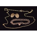 A 9ct gold cufflink, a 9ct rose gold bracelet and a 9ct gold necklace, 5.7g