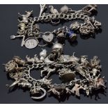 Two silver charm bracelets with over 37 charms including donkey, dog, cow, horse, cauldron with