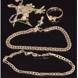 Two 9ct gold bracelets, 9ct gold ring and 9ct gold chain and pendant, 8.1g