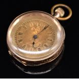 Unnamed 14ct gold keyless winding open faced pocket watch with blued hands, black Roman numerals,