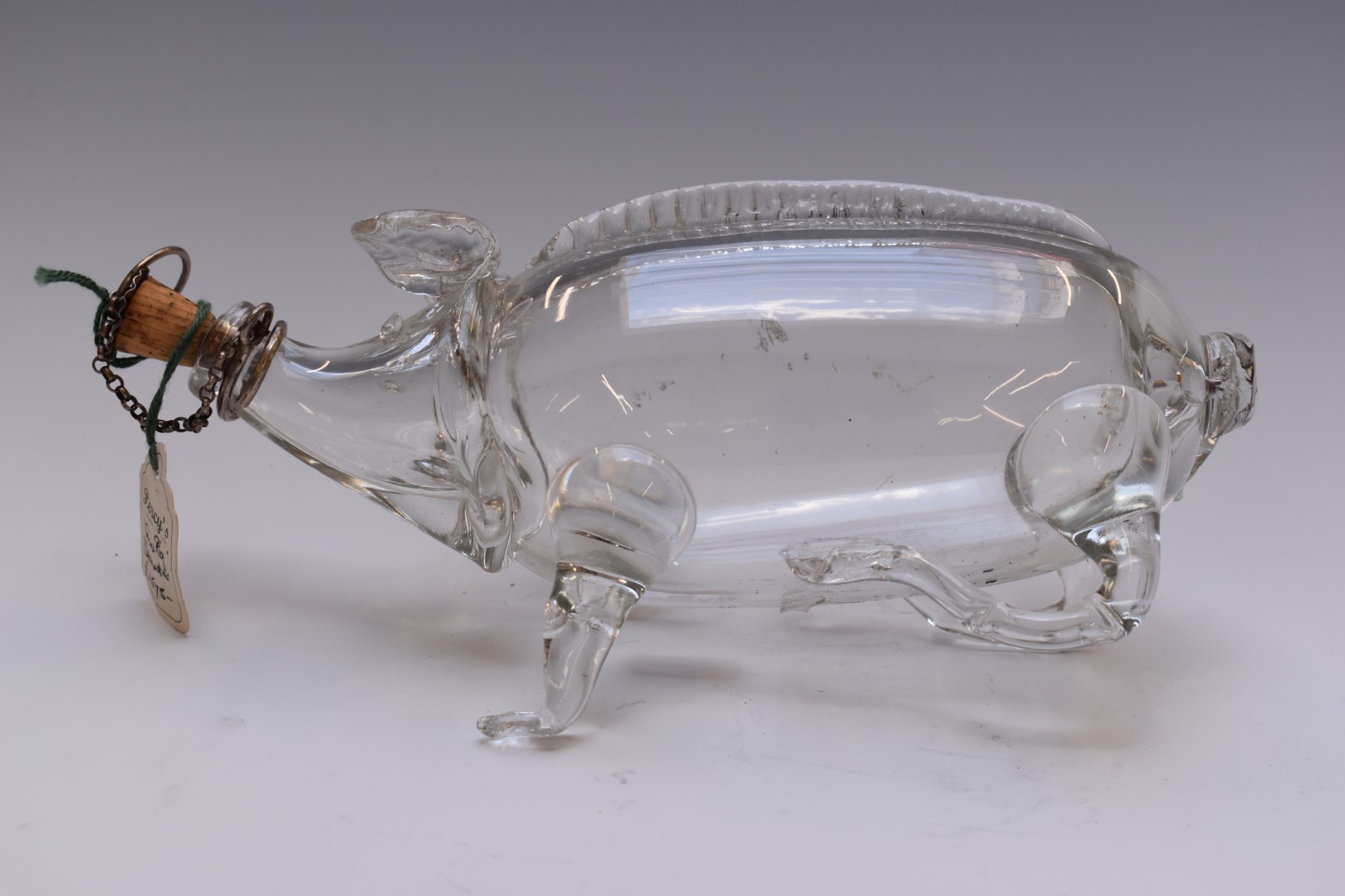 Edward VII glass novelty pig decanter or gin pig with hallmarked silver mounted stopper,