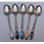 Five Liberty & Co Art Deco hallmarked silver and guilloché enamel teaspoons, Birmingham 1934, length