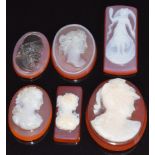 Six c1900 agate cameos depicting classical figures, largest 2 x 1.6cm