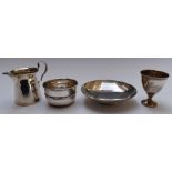 Art Nouveau hallmarked silver jug, egg cup and bowl together with a shallow footed bowl marked