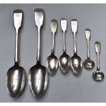 Victorian hallmarked silver fiddle pattern cutlery comprising two table spoons, three teaspoons
