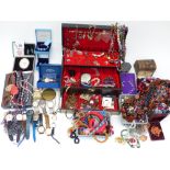 A collection of costume jewellery including necklaces, brooches, silver earrings, etc