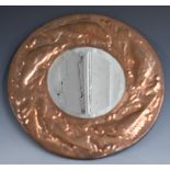 Newlyn Arts and Crafts bevelled glass copper mirror with relief moulded fish decoration, James