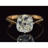 An 18ct gold ring set with a cushion cut diamond of approximately 1.7ct, size J, 2.3g