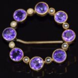 Edwardian 9ct gold brooch set with round cut amethysts and seed pearls, 5g, 3.2cm