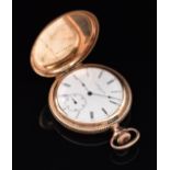Elgin gold plated keyless winding full hunter pocket watch with inset subsidiary seconds dial, blued