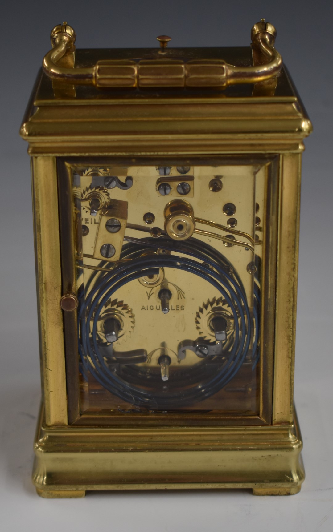 19thC half-hourly repeater brass carriage clock, the enamelled Roman and Arabic dial with alarm - Image 5 of 6