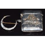 Silver crescent brooch set with paste and silver vesta with embossed horse racing or hunting