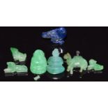 Three jade carvings of dogs, jade carving of a Buddha, a carved lapis lazuli bird, etc