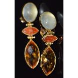 A pair of 18ct gold earrings set with citrine, chrysoberyl and sunstone, 13.5g