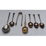 Hallmarked silver spoons and nips including a silver gilt replica spoon, Mappin & Webb jam spoon and