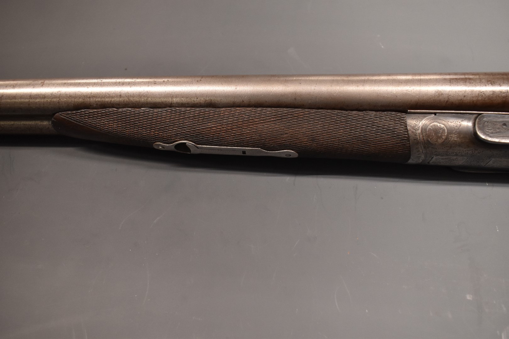 English 12 bore side by side hammer action shotgun with engraved locks, stylised hammers, trigger - Image 9 of 11