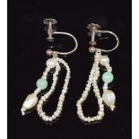 A pair of 9ct white gold earrings set with pearls and jade,