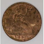 Queen Victoria 1860 young head bronze halfpenny, beaded borders, EF with lustre
