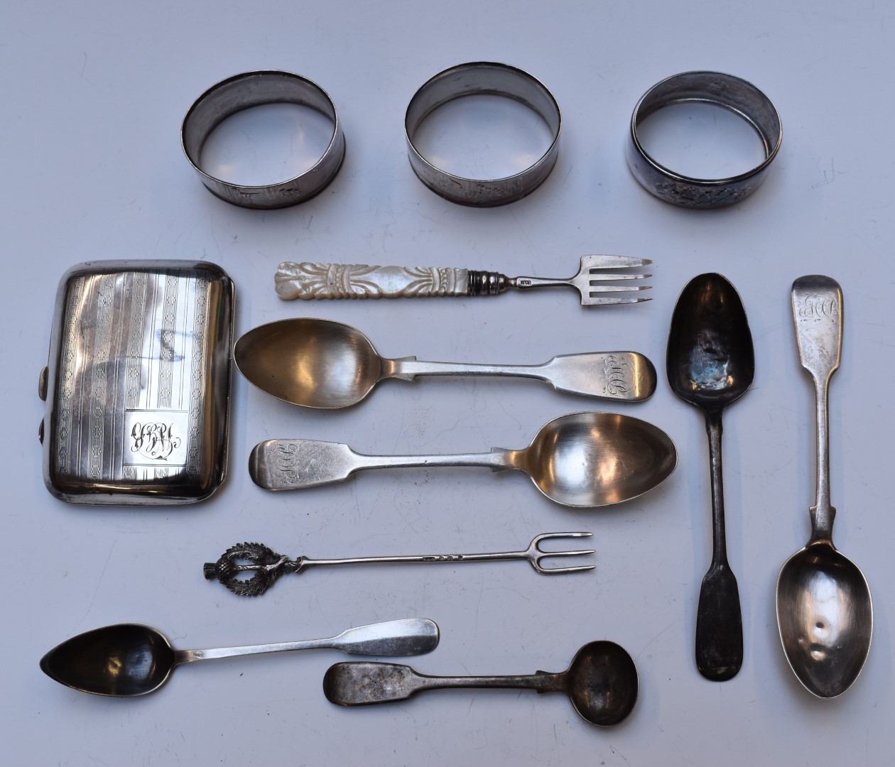 Four Victorian hallmarked silver teaspoons, Scottish hallmarked silver thistle fork, hallmarked