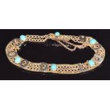 Edwardian 9ct gold bracelet set with turquoise cabochons and applied letters reading 'Good Luck',