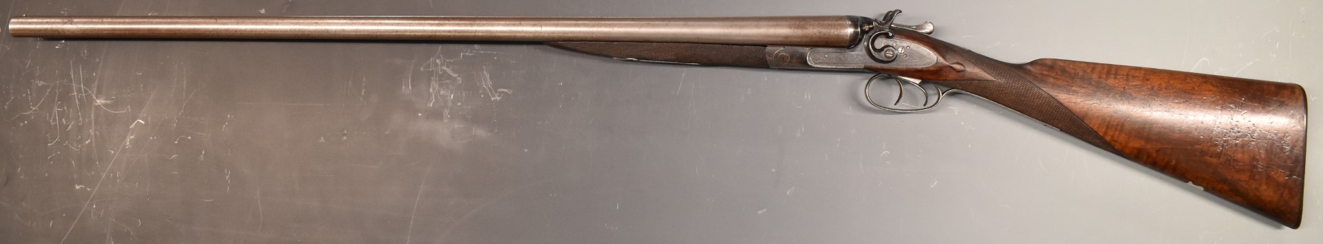 English 12 bore side by side hammer action shotgun with engraved locks, stylised hammers, trigger - Image 6 of 11