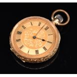 Unnamed 18ct gold keyless winding open faced pocket watch with blued hands, black Roman numerals,