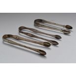 Three sets of Georgian hallmarked silver sugar tongs comprising Newcastle example, maker Ann