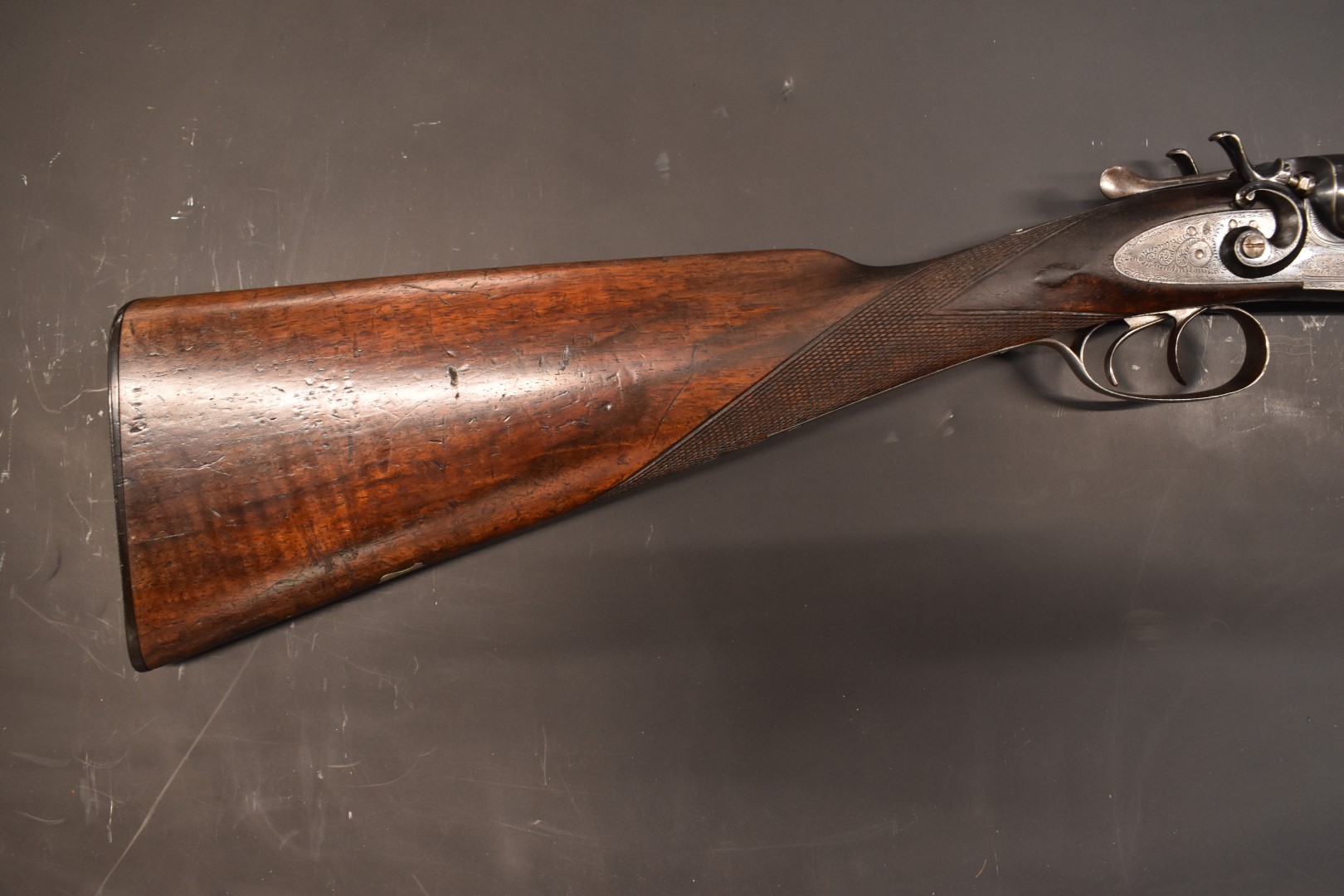 English 12 bore side by side hammer action shotgun with engraved locks, stylised hammers, trigger - Image 4 of 11