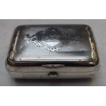 Russian white metal ciagarette case with engine turned lid, 84 silver marks, length 9cm, weight