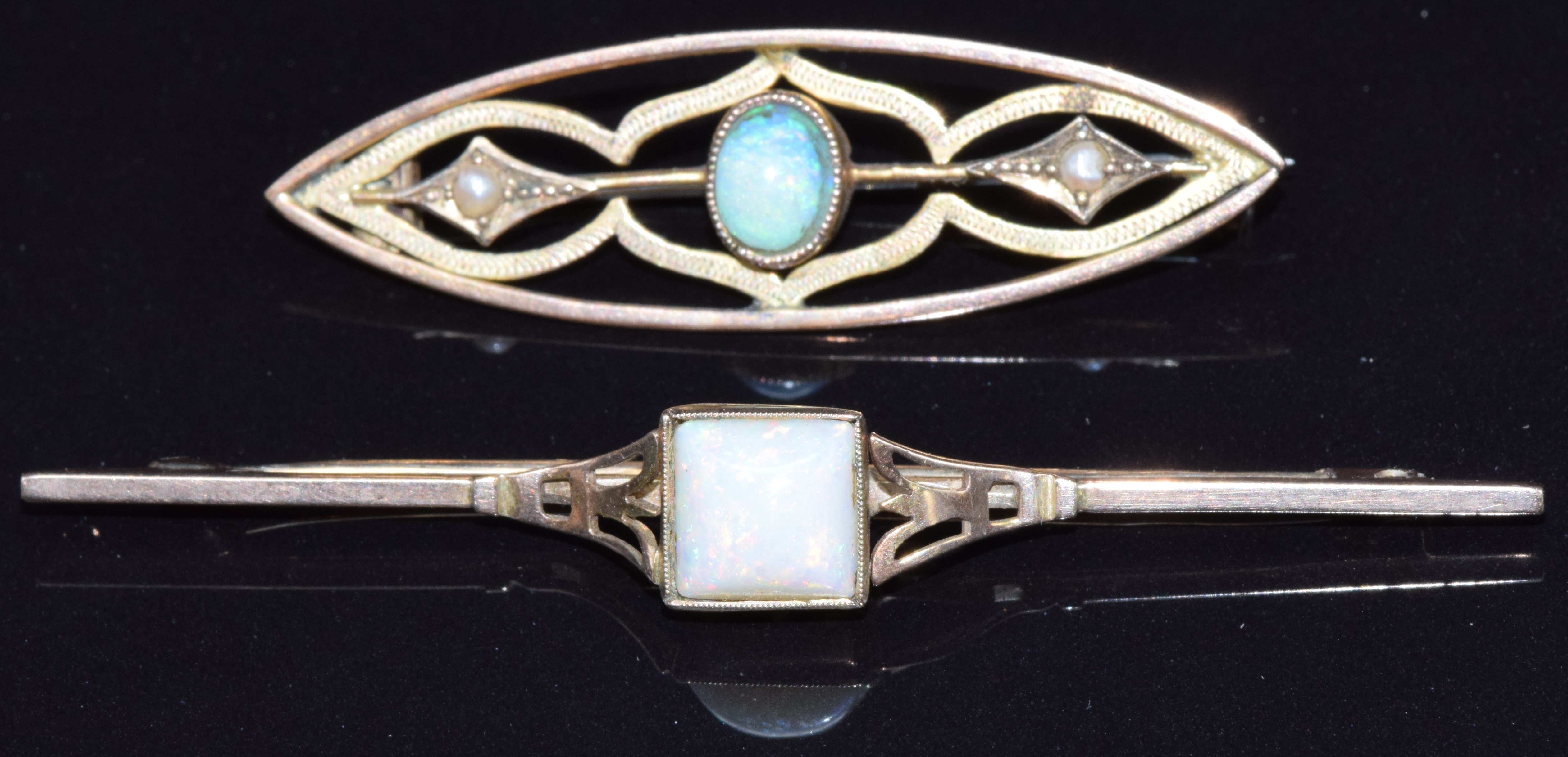 Two 9ct gold brooches set with opals, 5.2g in Depree & Young, Exeter box