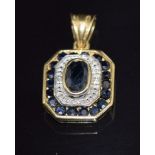 A 9ct gold pendant set with sapphires and diamonds, 2.7g, 2 x 1.2cm