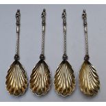 Walker & Hall set of four Victorian hallmarked silver Apostle / figural serving spoons with mask