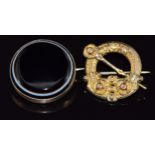 Victorian 9ct gold brooch set with a banded agate cabochon, verso a locket compartment, together