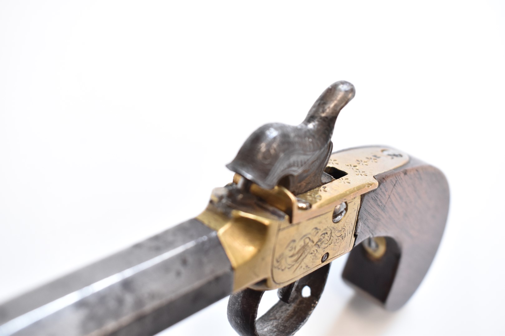 Unnamed single barrel percussion hammer action pocket pistol with engraved brass frame and top - Image 6 of 7