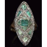 Victorian marquise shaped ring set with rose cut diamonds and emeralds, size M, 5.5g
