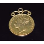 Victorian 1844 shield back gold half sovereign with pendant mount, 4.3g