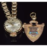 A 9ct gold Avia watch and a yellow metal fob dated 1888 set with enamel, 4.4g