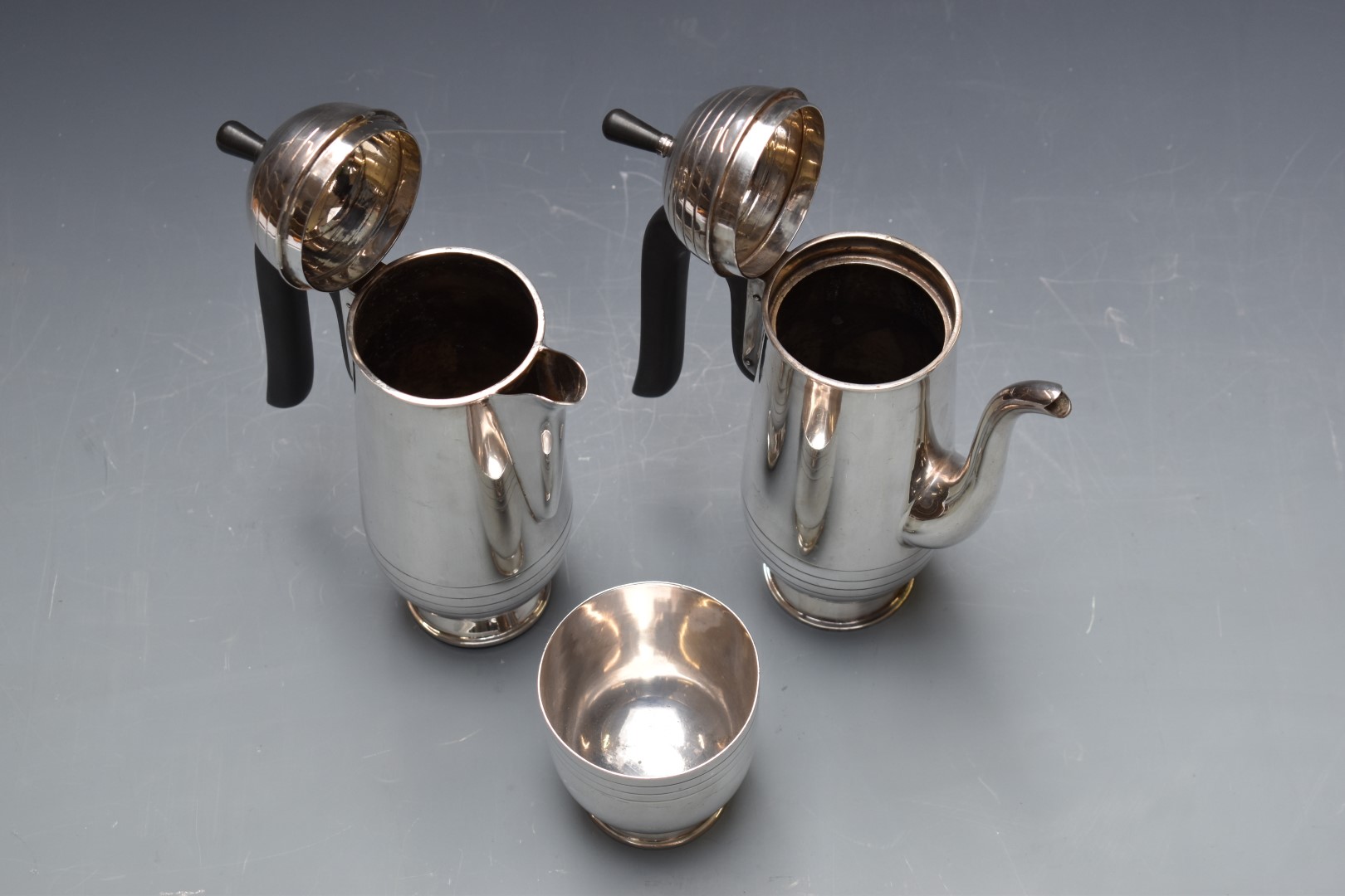 Silver plated Modernist teapot, hot water jug and sugar basin, height of tallest 23cm - Image 2 of 2