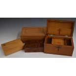 An inlaid oak box with fitted tray and lid with accompanying card 'made of oak from the Altor