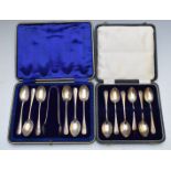 Two cased sets of hallmarked silver teaspoons, one of rat tail design with sugar tongs, weight 236g